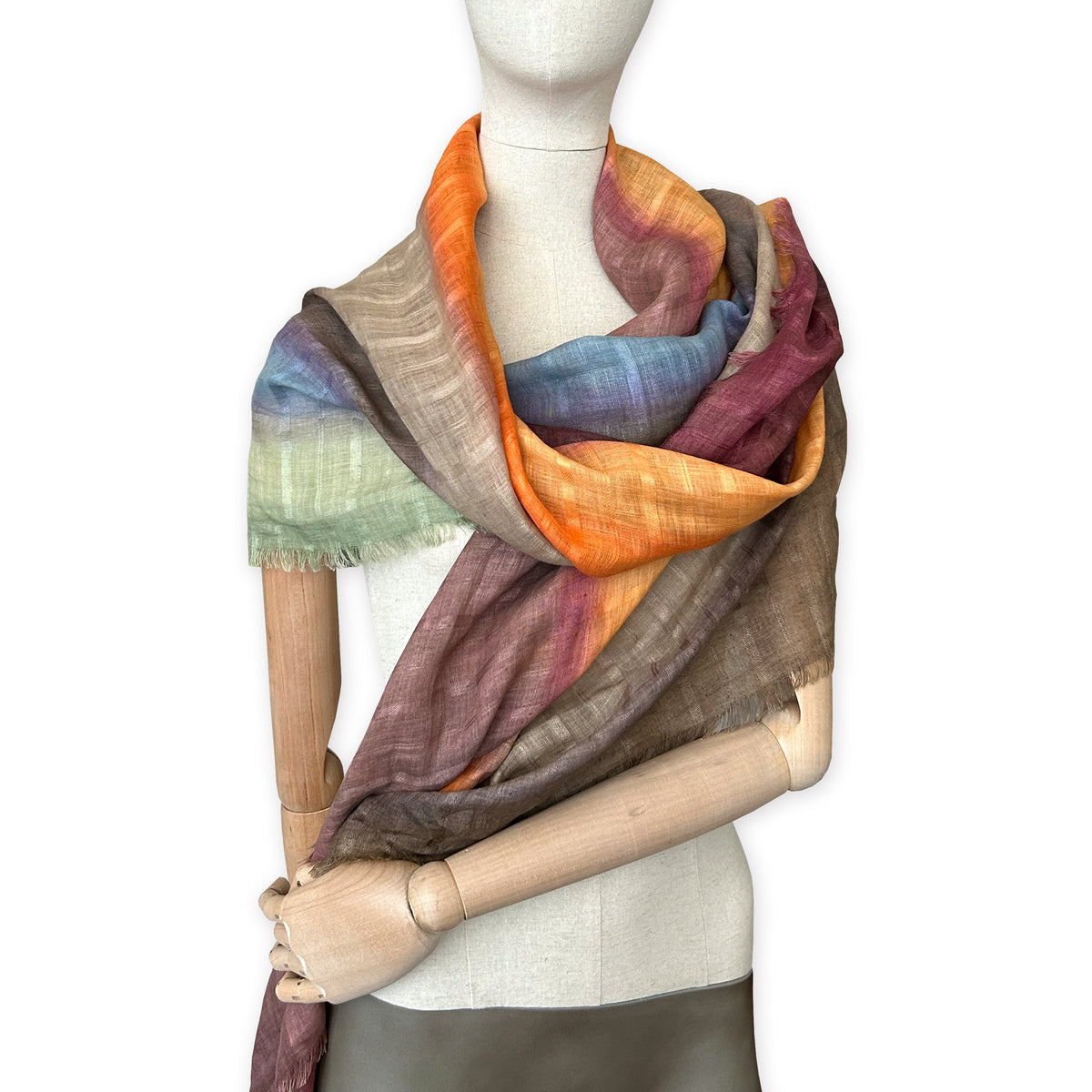 Linen-scarf-hand-painted-200x70cm-brown-orange-green-blue-otta-italy-7